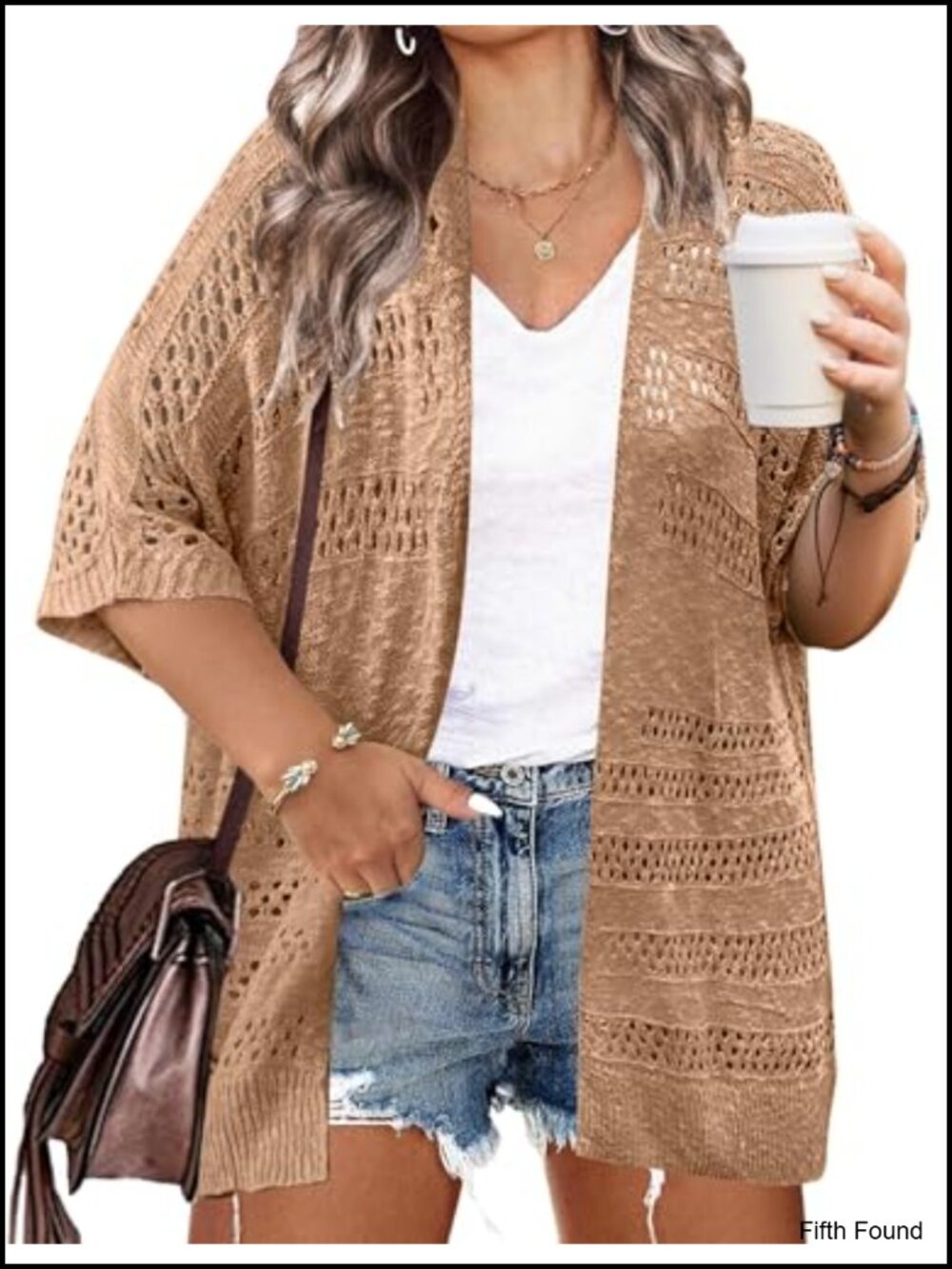 Plus Size Lightweight Crochet Cardigan Short Sleeve Kimono Cover Up Women
